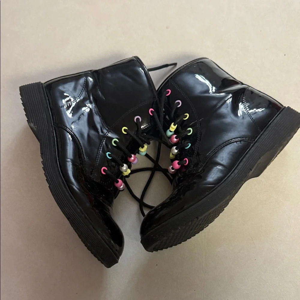 The Children's Place Black Patent Lace-Up Boots with Colorful Bead Accents